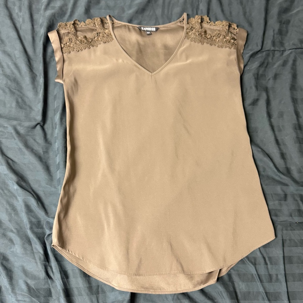 Express Olive Green Lace-Trim V-Neck Cap Sleeve Top